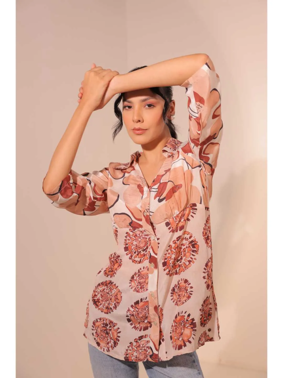 natural crepe abstract printed,  mandarin collar stylised gathered busted top with three fourth sleeve. - White