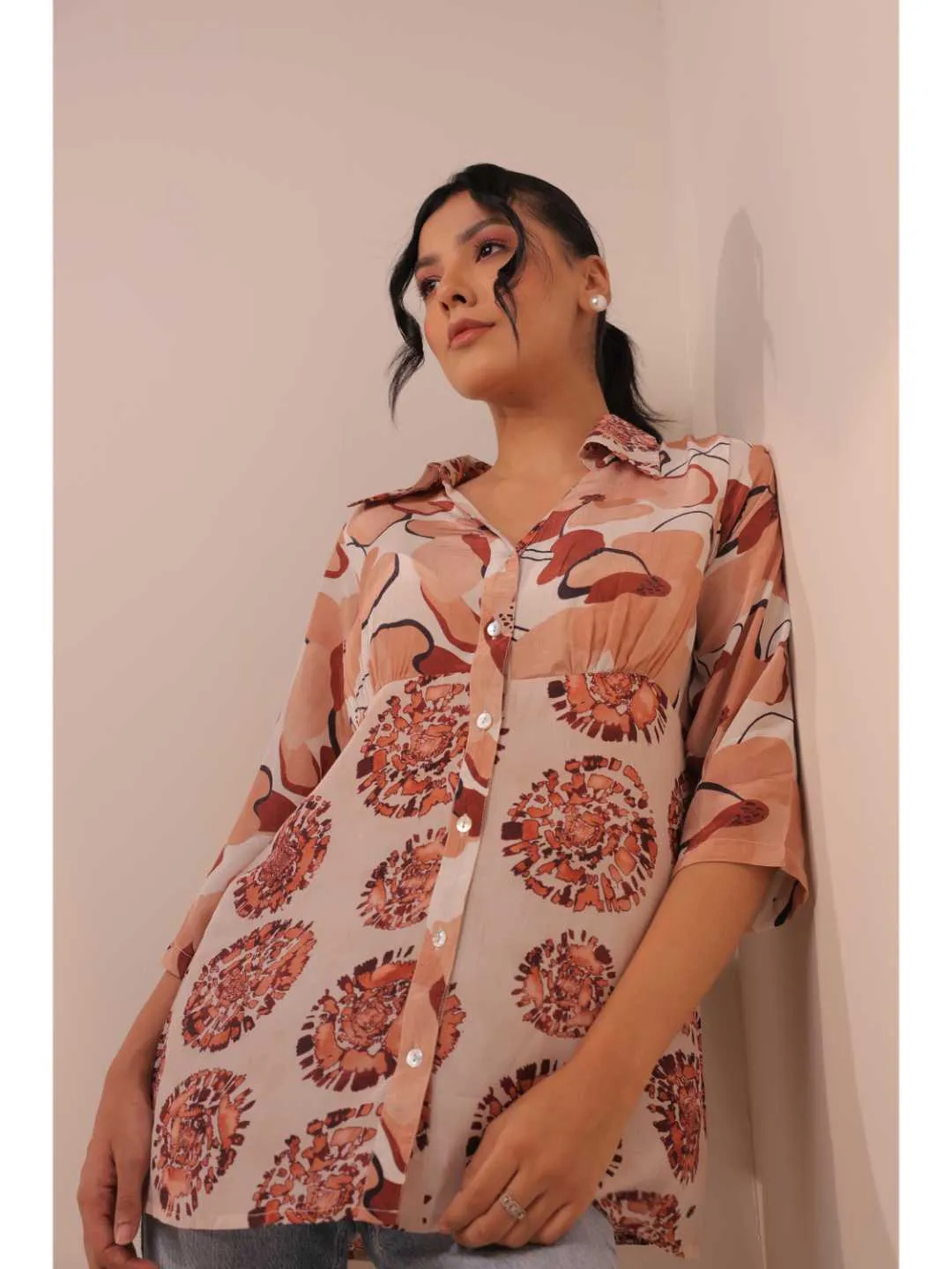 natural crepe abstract printed,  mandarin collar stylised gathered busted top with three fourth sleeve. - White