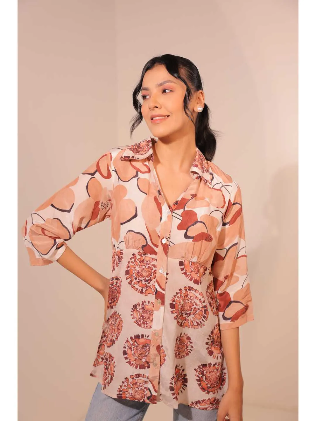 natural crepe abstract printed,  mandarin collar stylised gathered busted top with three fourth sleeve. - White