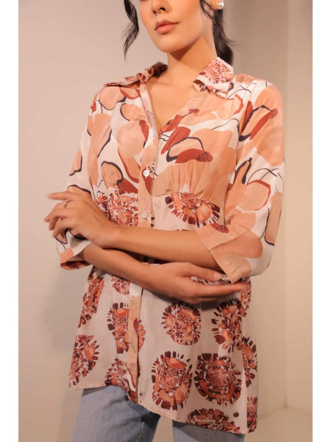 natural crepe abstract printed,  mandarin collar stylised gathered busted top with three fourth sleeve. - White