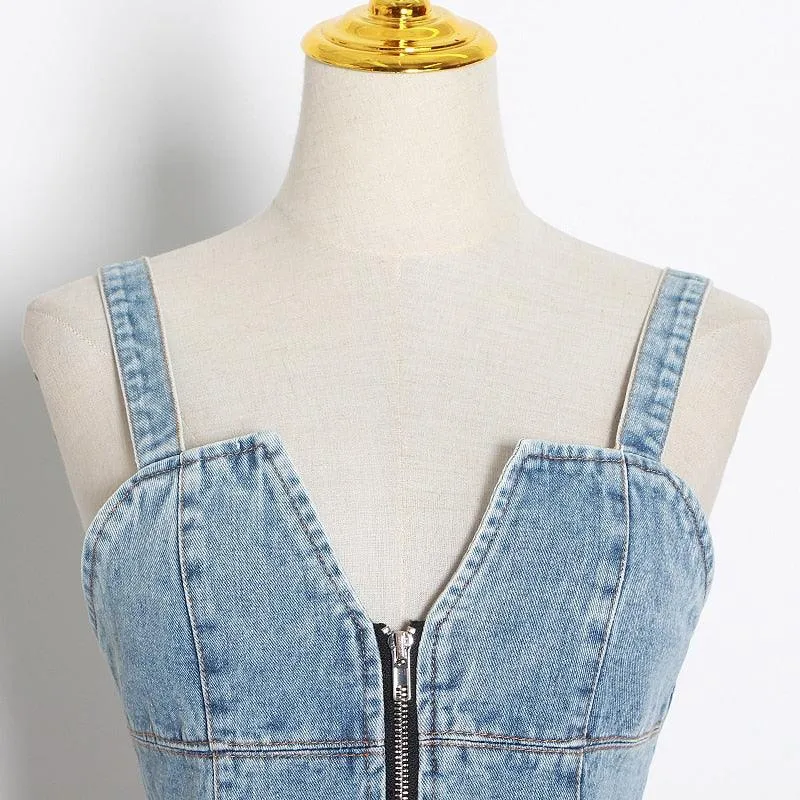 Patchwork Denim Spaghetti Strap Tunic