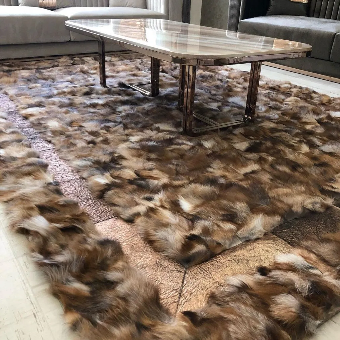 Patchwork Handmade Brown Fox Fur Living Room Rug , Luxury Soft Carpet