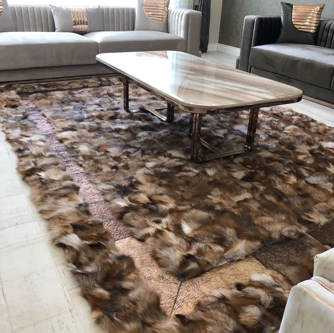 Patchwork Handmade Brown Fox Fur Living Room Rug , Luxury Soft Carpet