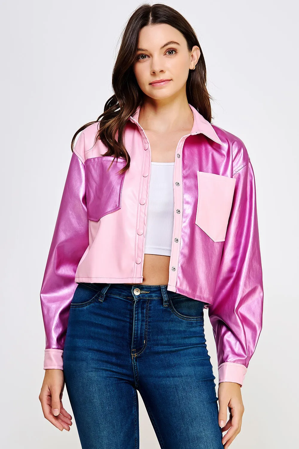 Peony/Metallic Hot Pink Cropped Faux Leather Shacket