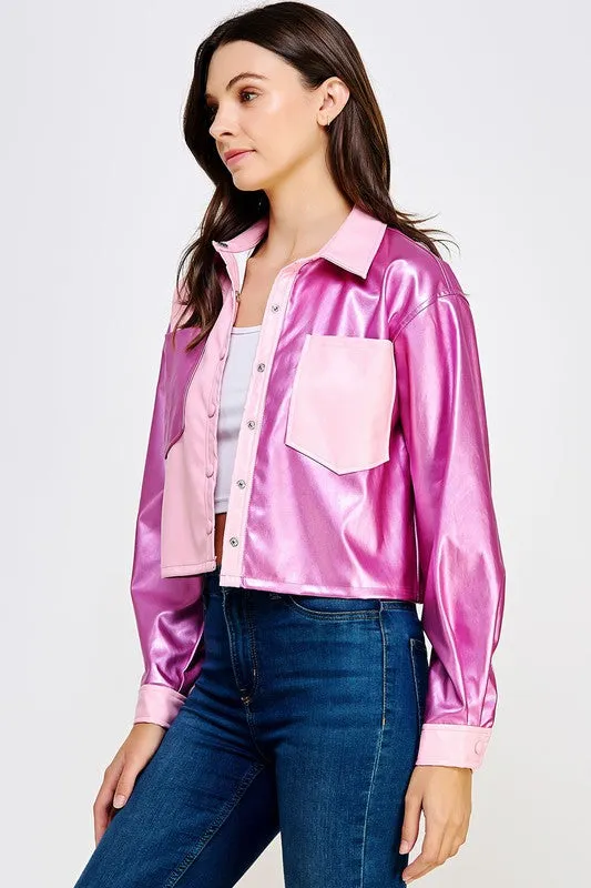 Peony/Metallic Hot Pink Cropped Faux Leather Shacket