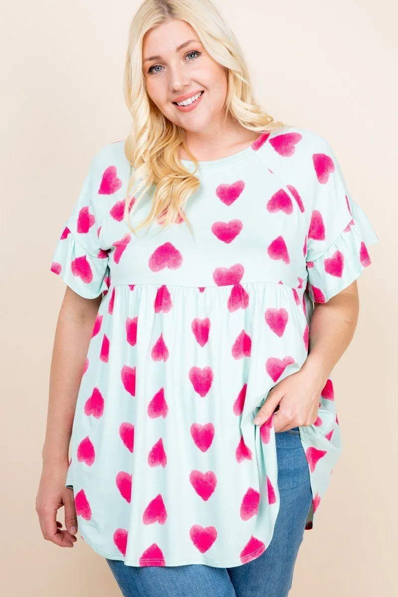 Plus Size Cute Adorable Heart Jersey Babydoll Tunic Top