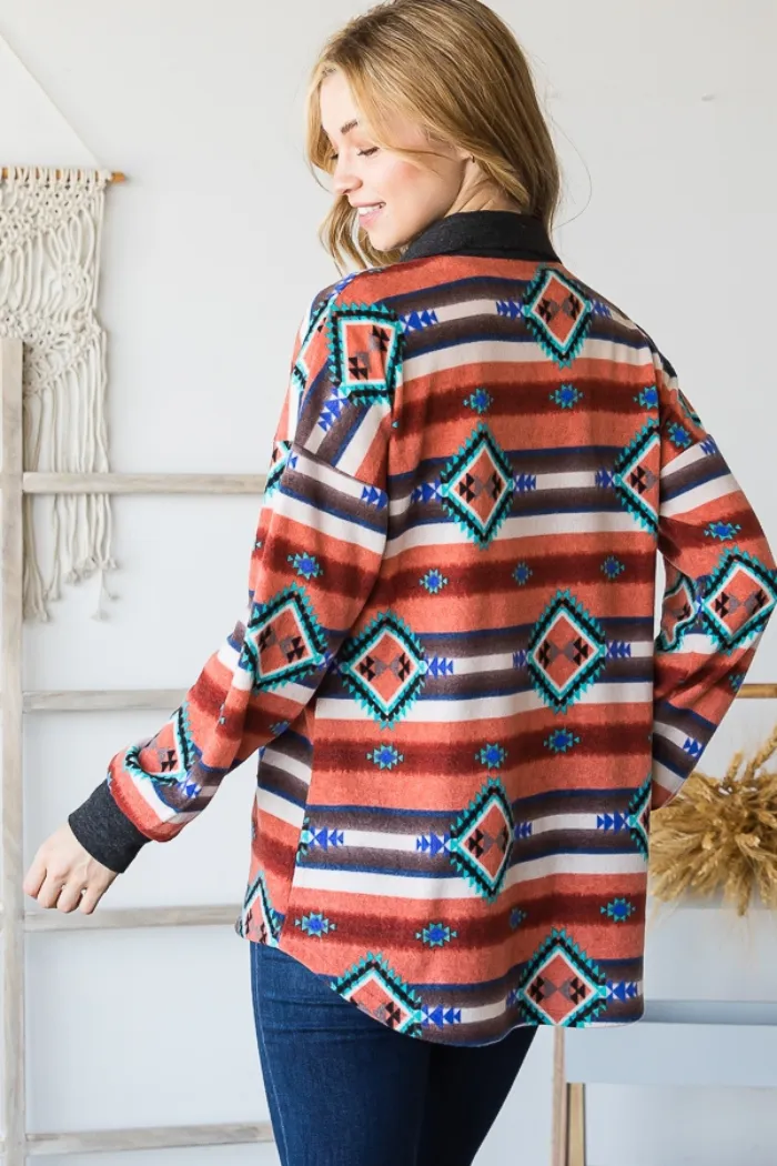 Plus Size Multi Color Aztec Print Contrast Button Down Shacket