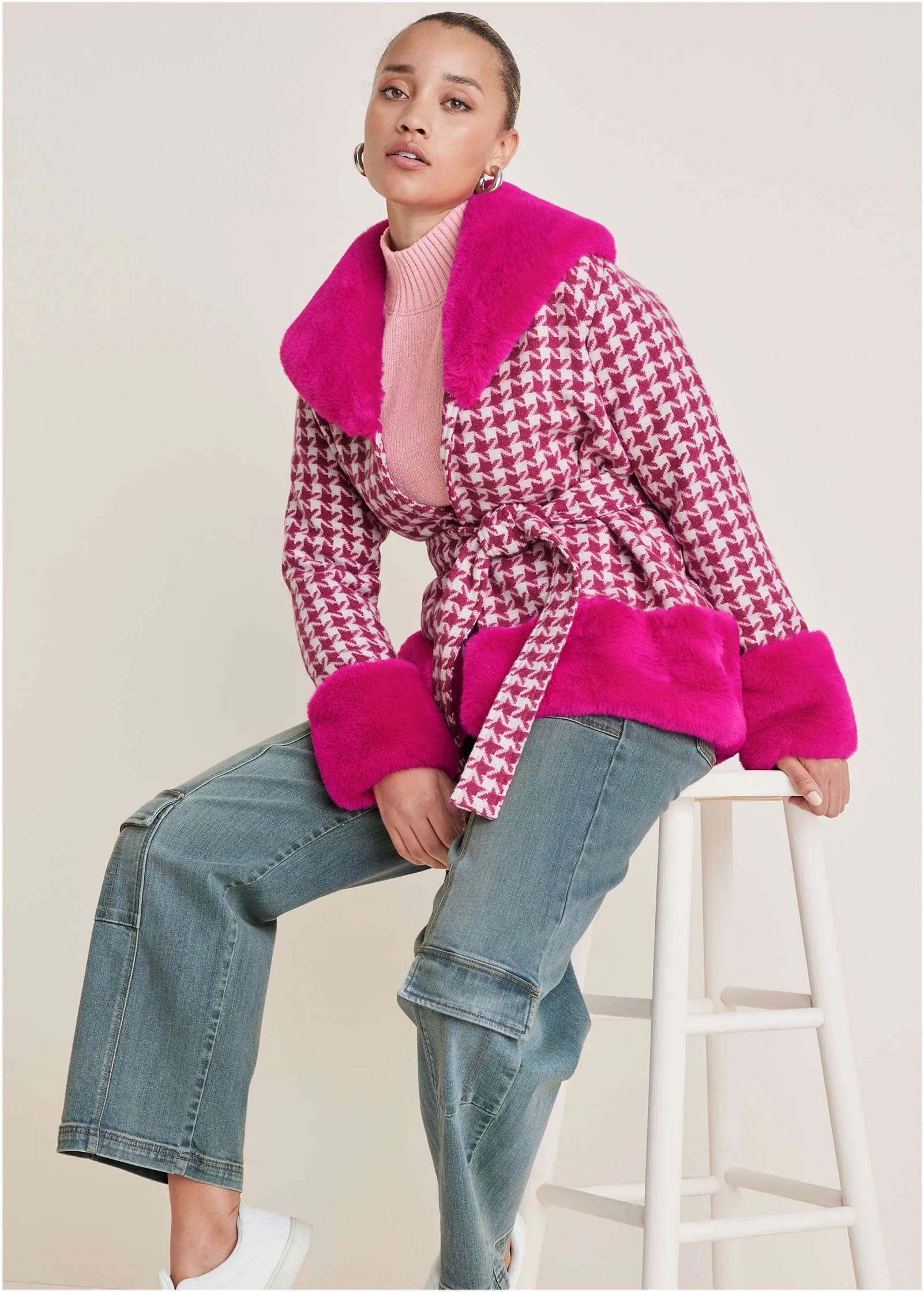 Printed Fur Trim Coat - Pink & White