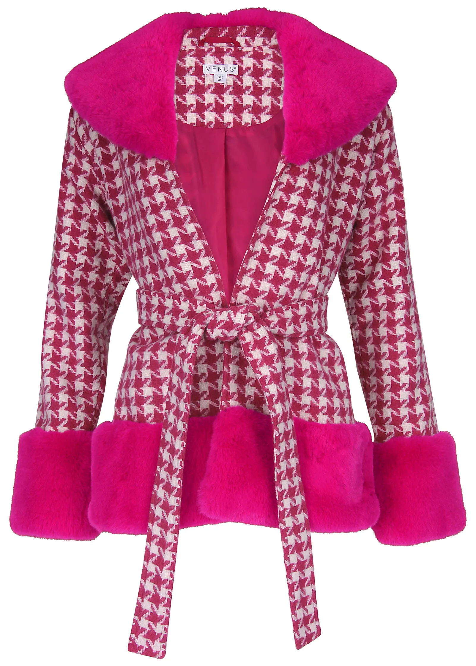 Printed Fur Trim Coat - Pink & White