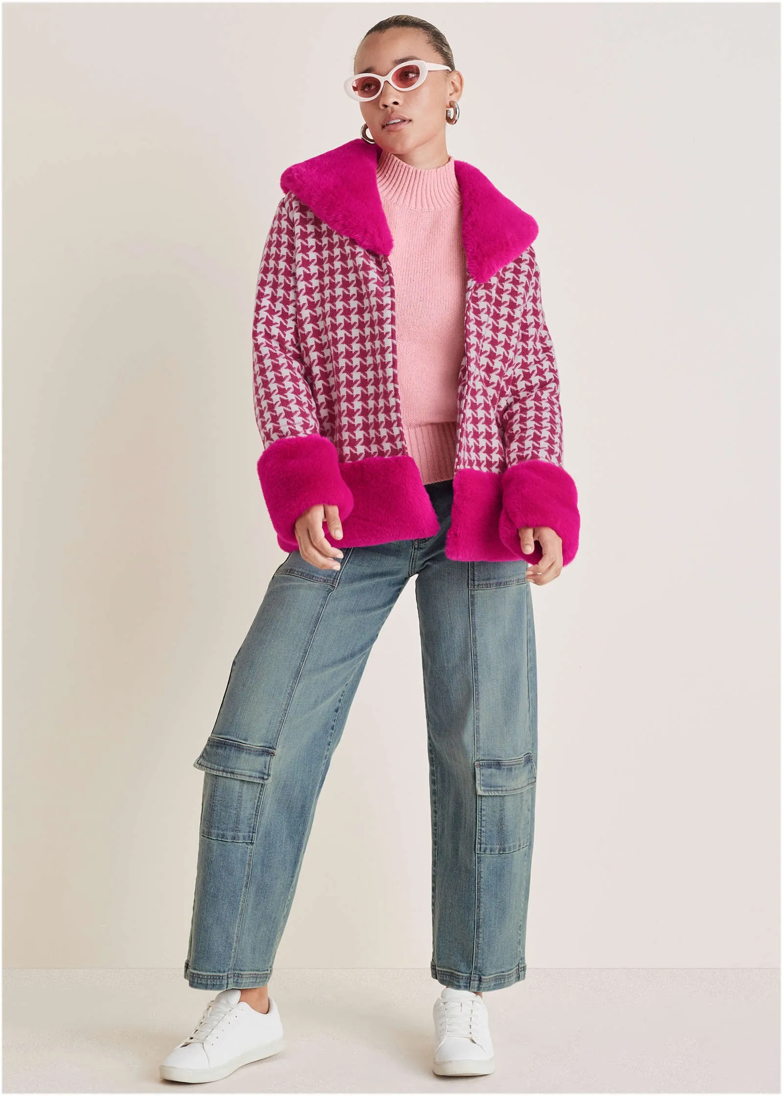 Printed Fur Trim Coat - Pink & White