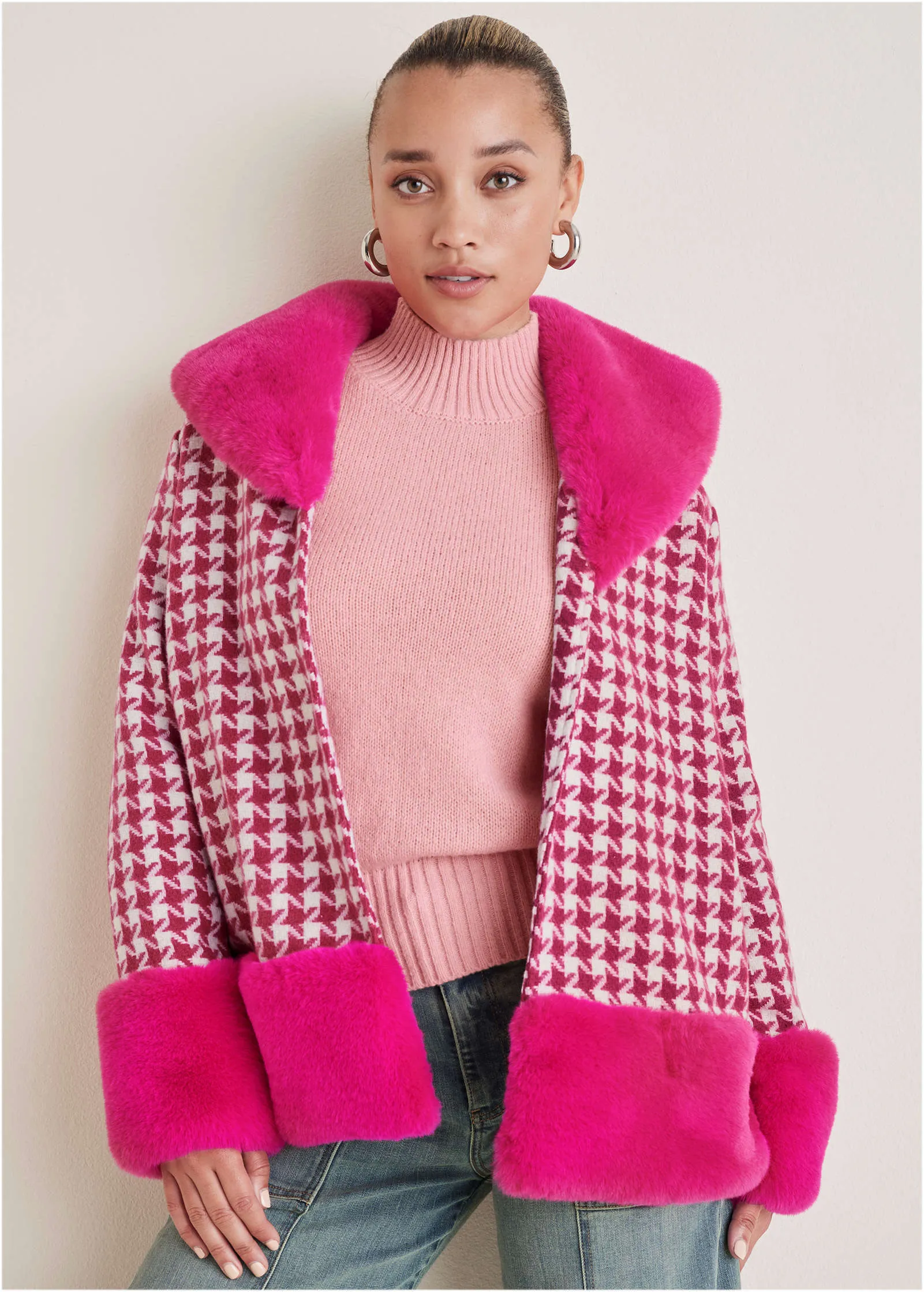 Printed Fur Trim Coat - Pink & White