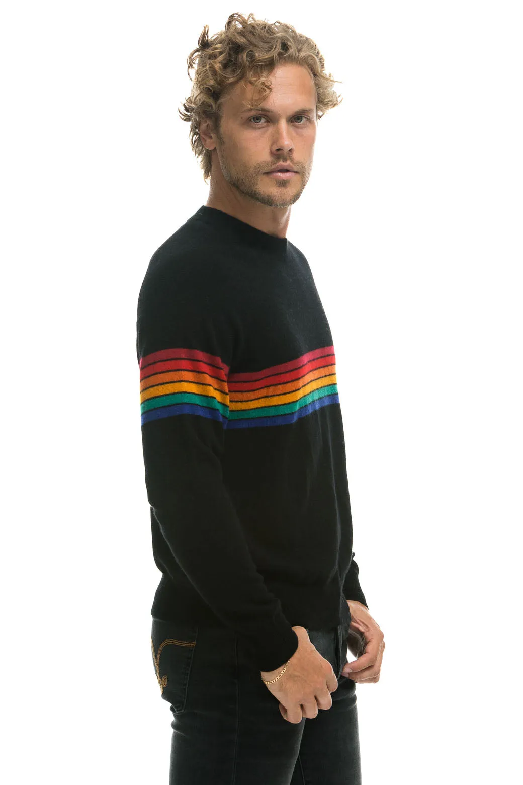 RAINBOW STRIPE 6 UNISEX CASHMERE SWEATER	- BLACK