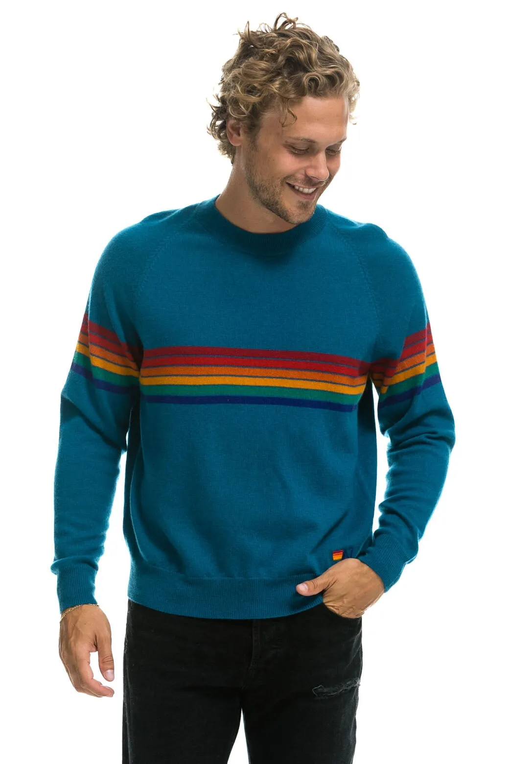 RAINBOW STRIPE 6 UNISEX LIGHT CASHMERE SWEATER - PEACOCK