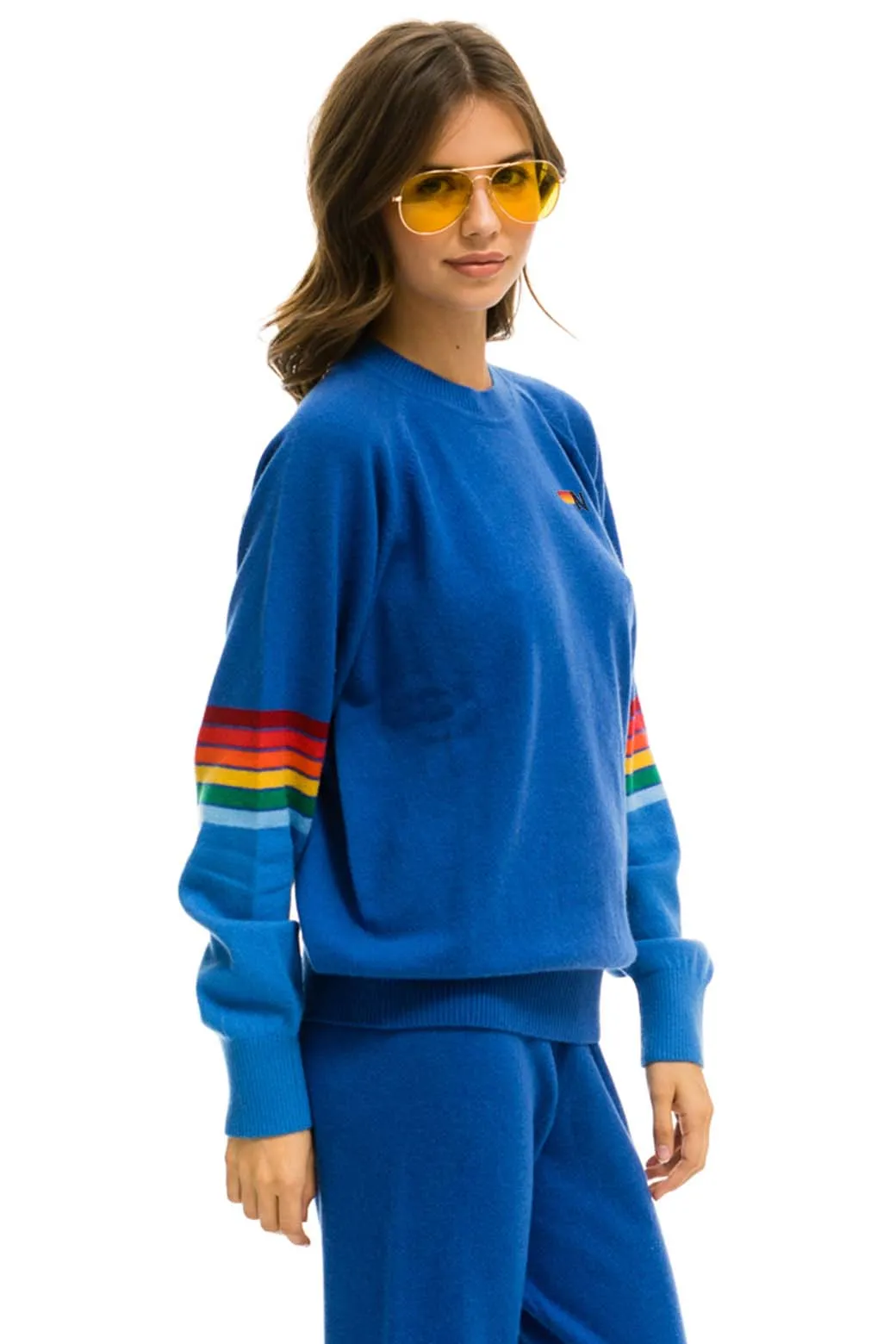 RAINBOW STRIPE SLEEVE UNISEX CASHMERE LIGHT SWEATER - VINTAGE BLUE