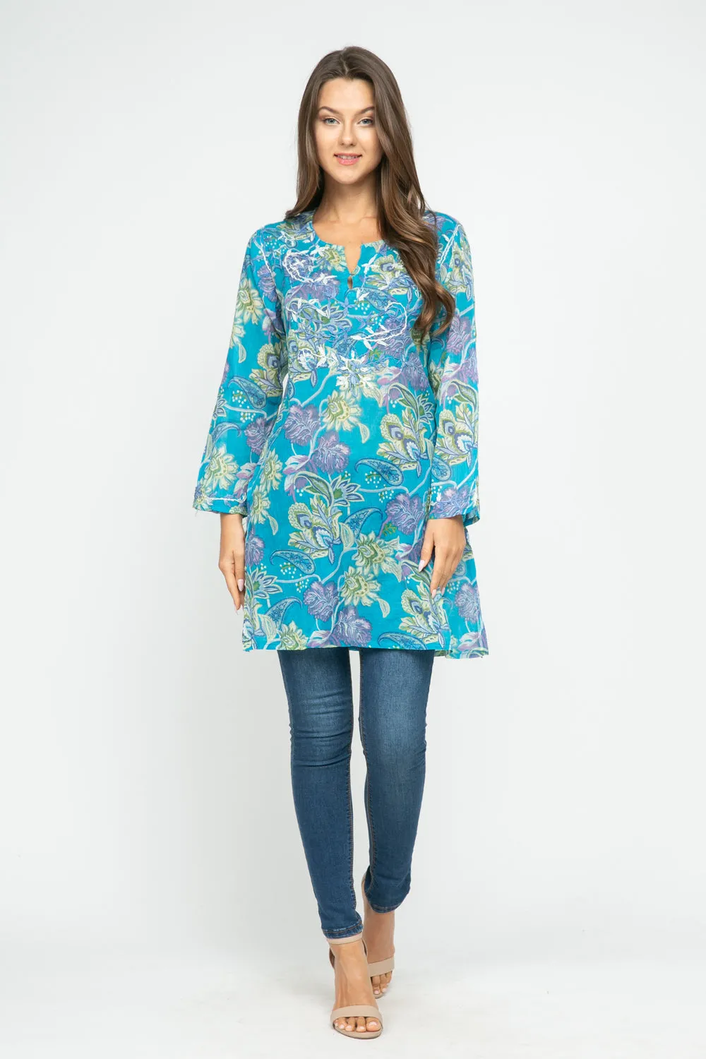 RAJ CARLYLE TURQUOISE/MULTI PRINTED EMBROIDERED TUNIC