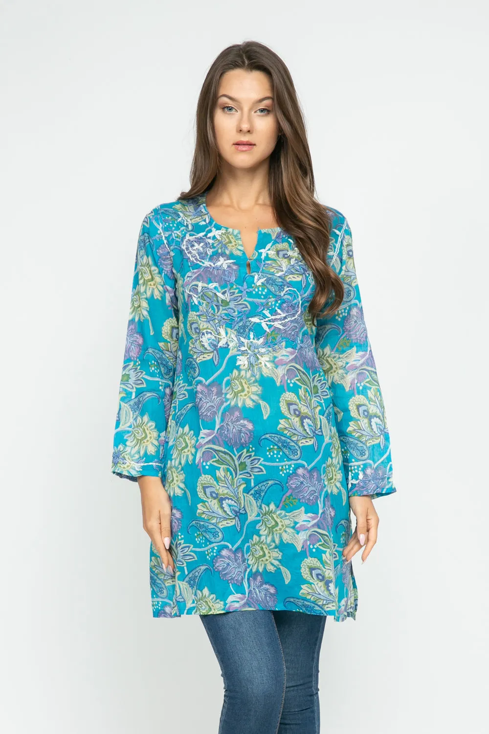 RAJ CARLYLE TURQUOISE/MULTI PRINTED EMBROIDERED TUNIC