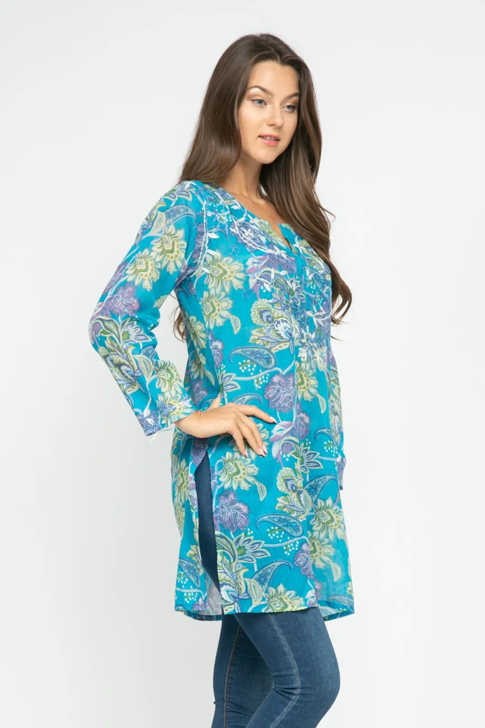 RAJ CARLYLE TURQUOISE/MULTI PRINTED EMBROIDERED TUNIC