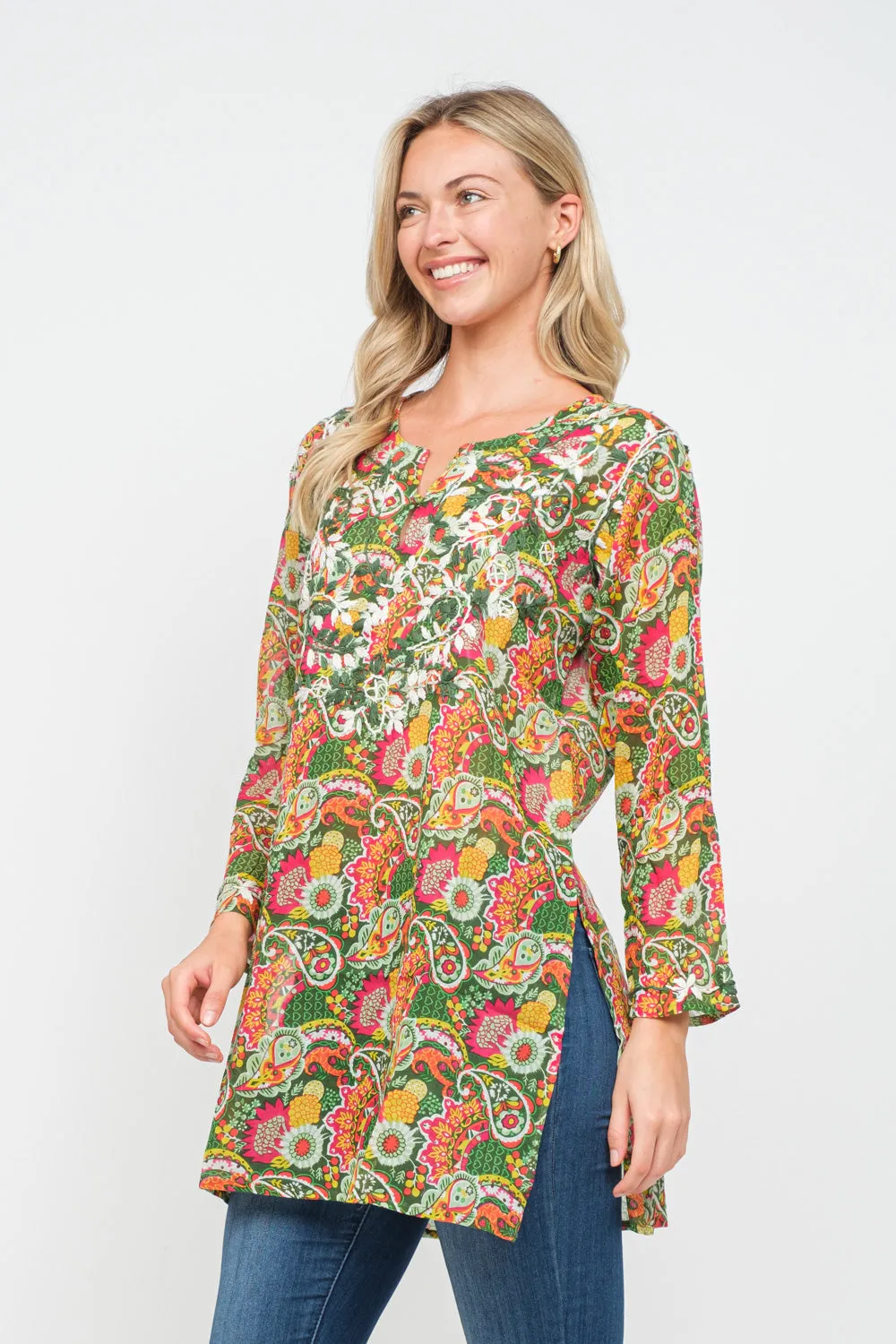 RAJ HEILEY OLIVE PRINTED EMBROIDERED TUNIC