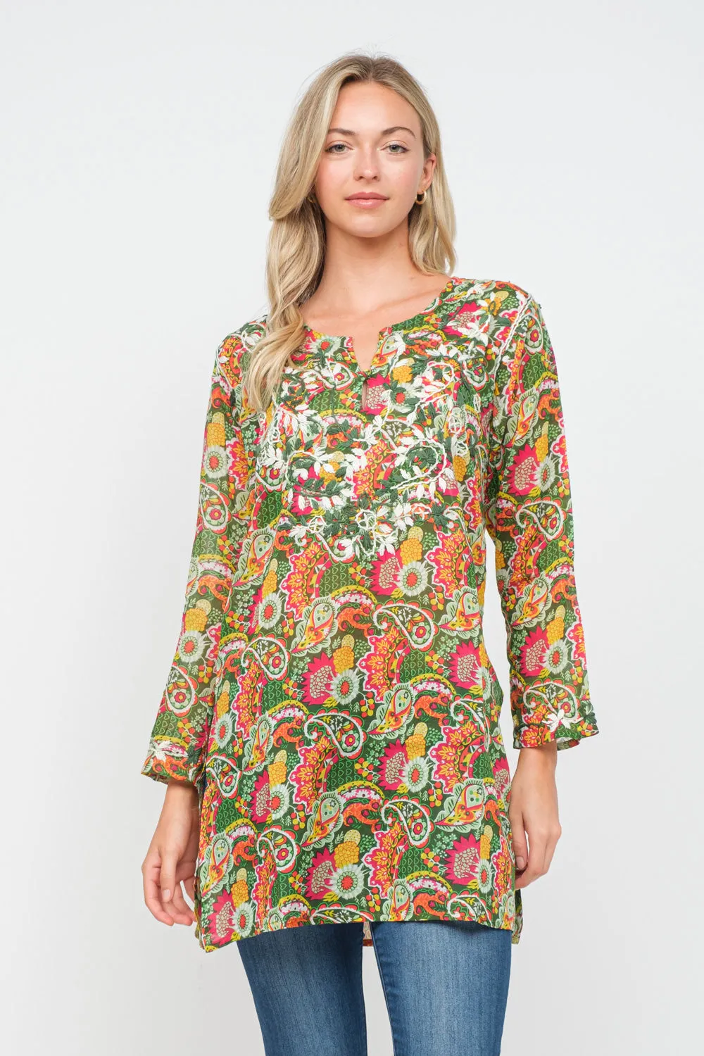 RAJ HEILEY OLIVE PRINTED EMBROIDERED TUNIC