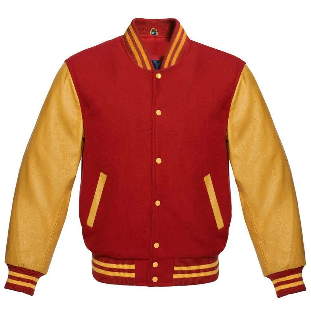 Red and Yellow Letterman Varsity Jacket with Custom Logos