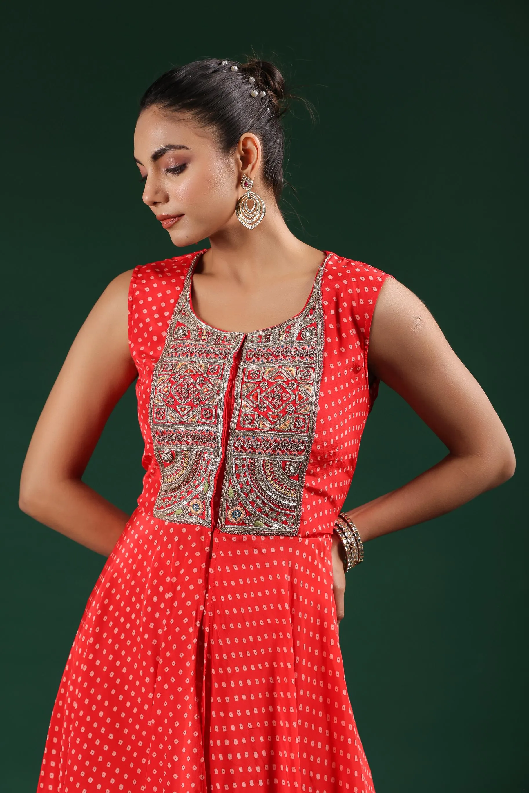 Red Bandhani Embroidered Tunic & Palazzo