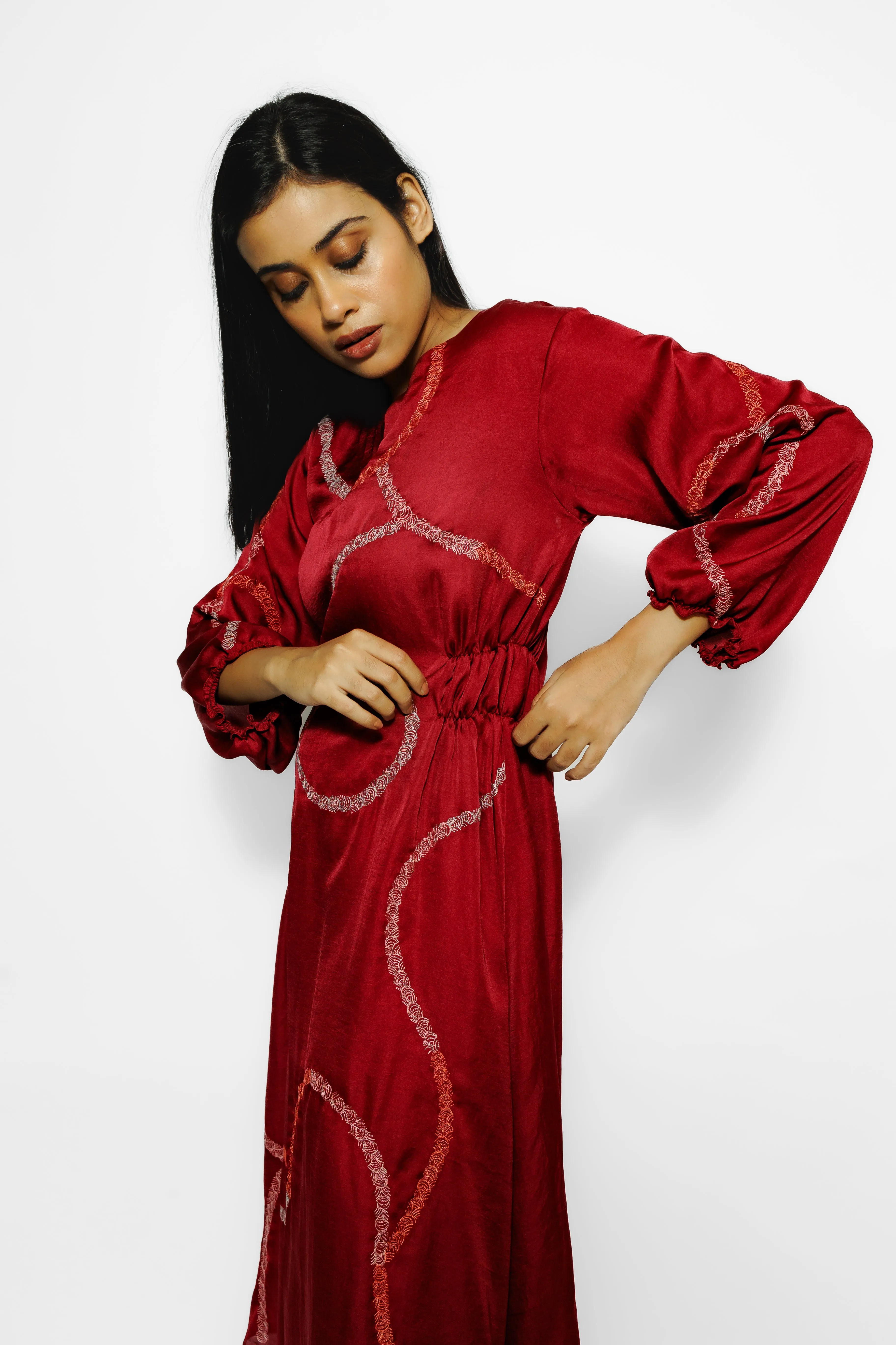 Red Embroidered Mulberry Silk Tunic Dress