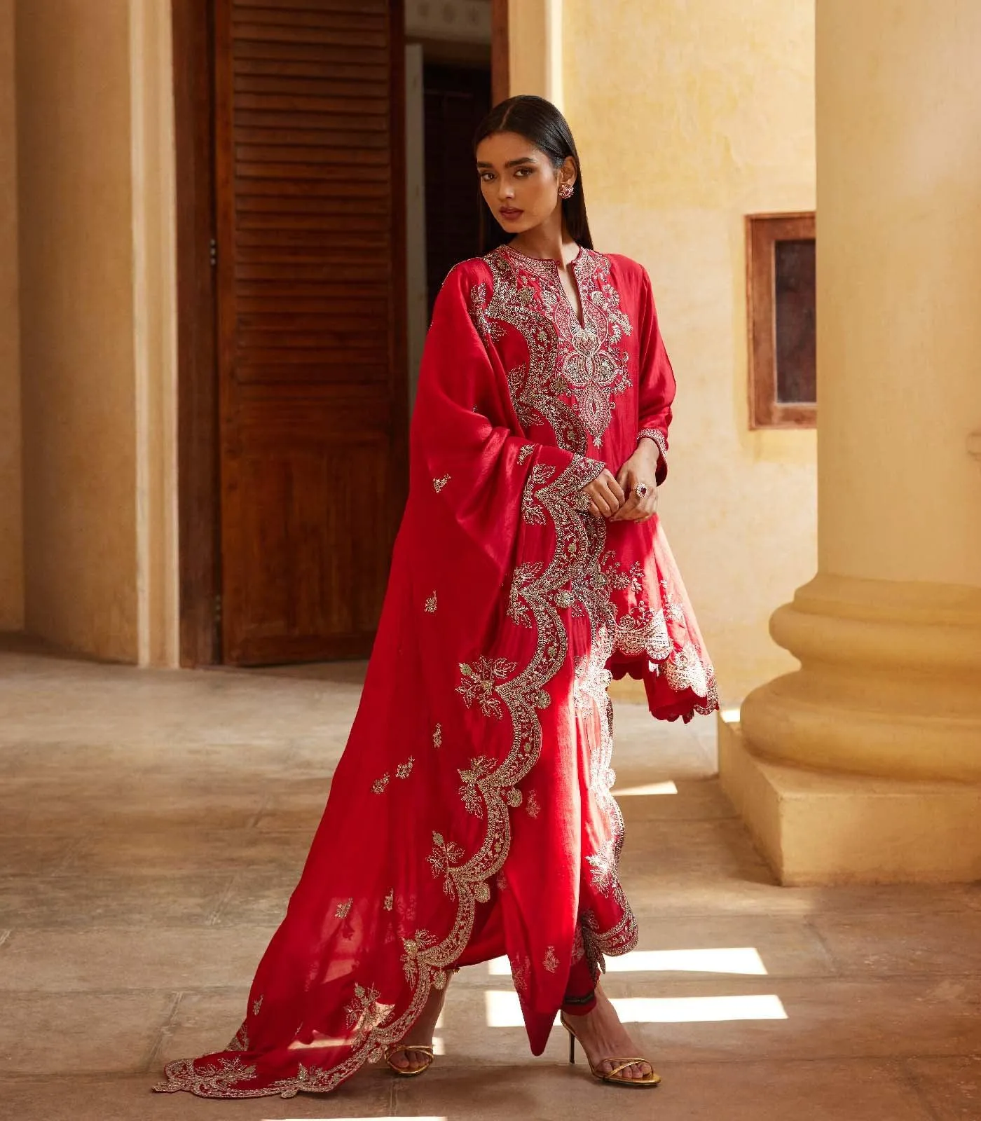 Red embroidered panel kurta Set