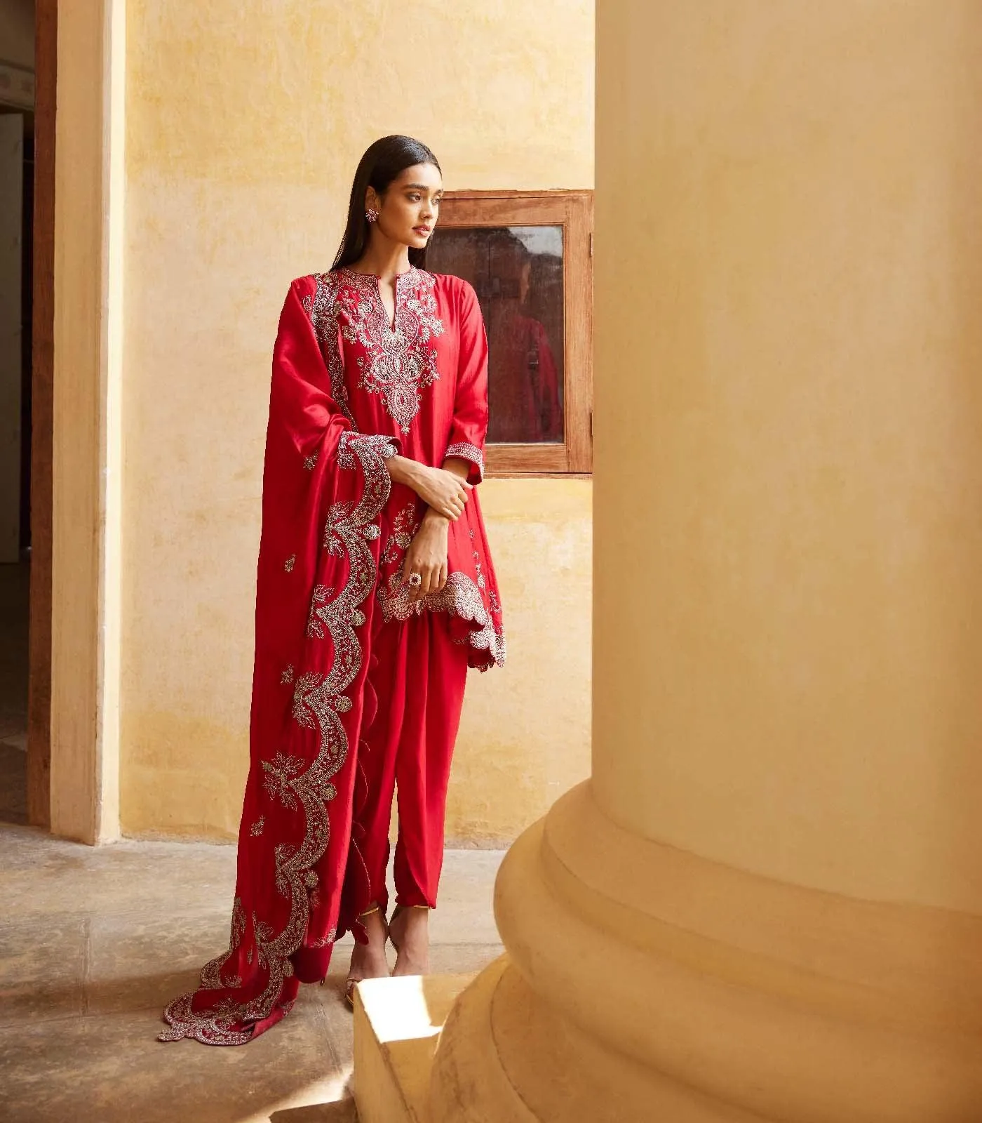 Red embroidered panel kurta Set