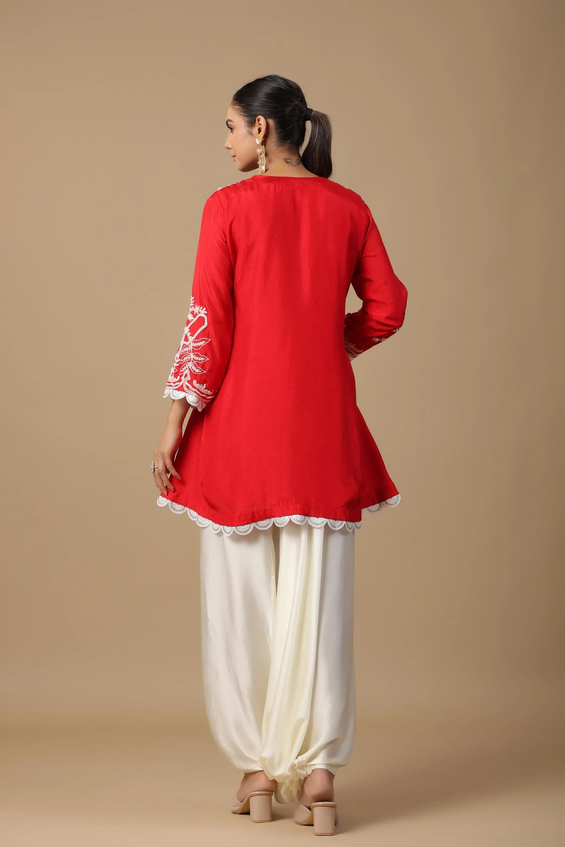 Red Embroidered Raw Silk Tunic & Afghani Pants Set