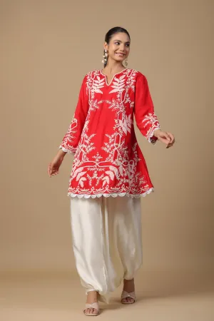 Red Embroidered Raw Silk Tunic & Afghani Pants Set