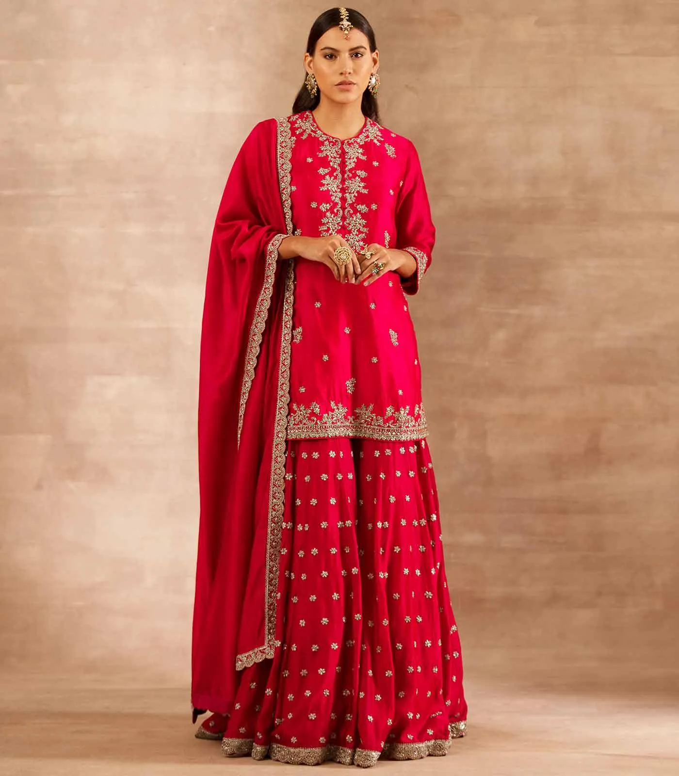 Red Embroidered Sharara Set