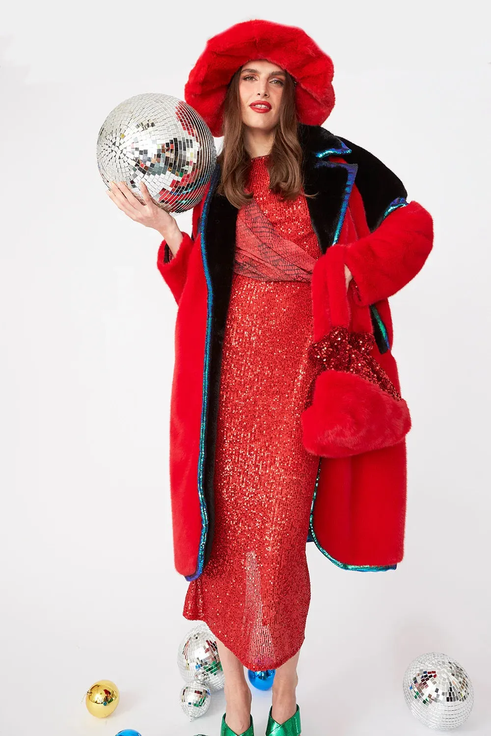 Red Faux Fur Coat with Sequin Trim