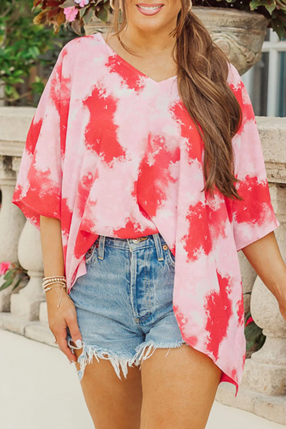 Red Plus Size Tie-dye Print 3/4 Sleeve Tunic Top