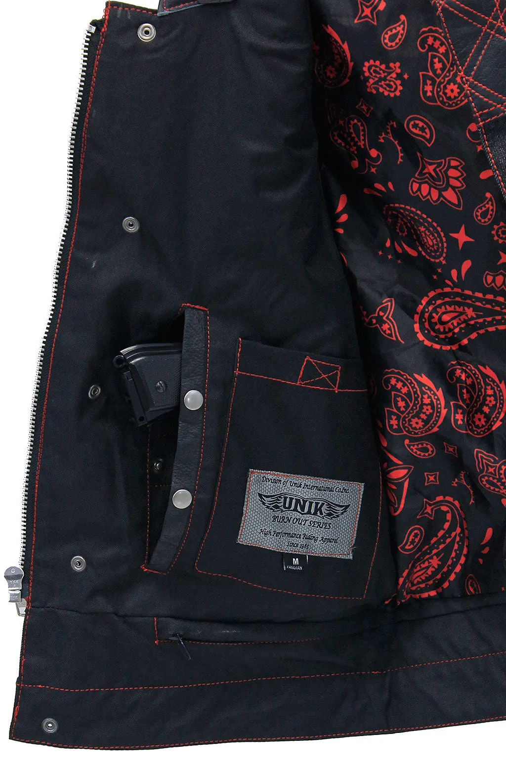 Red Stitch Denim Leather Quilt Concealed Pockets Vest #VM6678DGQR