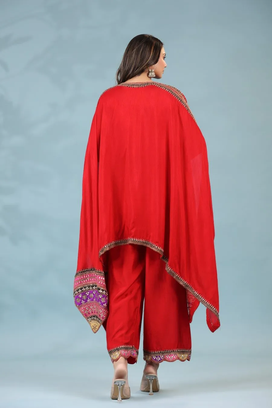 Red Zari Embroidered Asymmetrical Tunic & Pants