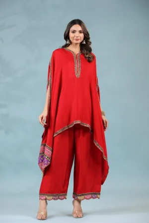 Red Zari Embroidered Asymmetrical Tunic & Pants