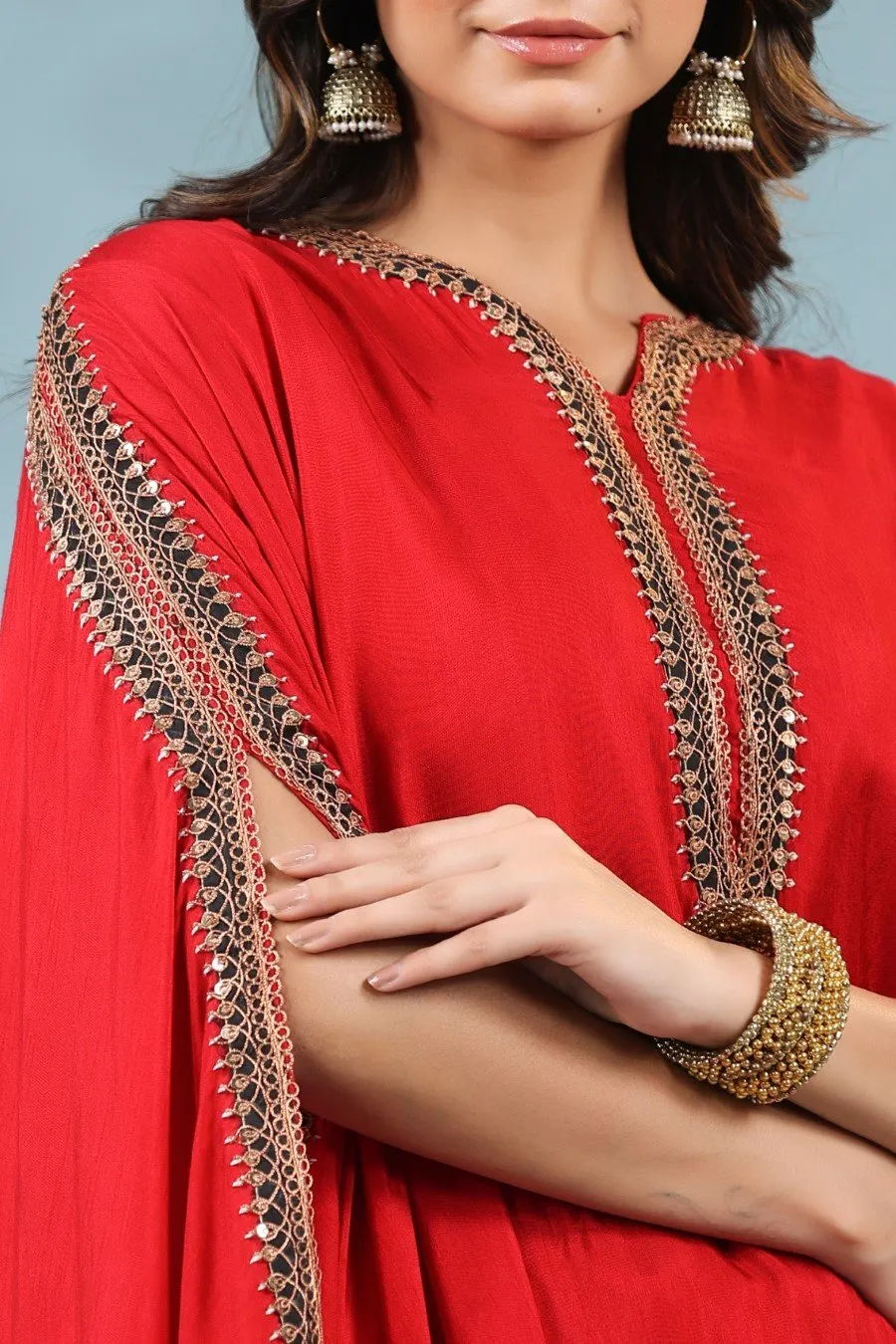 Red Zari Embroidered Asymmetrical Tunic & Pants