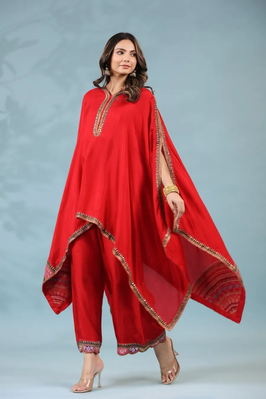 Red Zari Embroidered Asymmetrical Tunic & Pants