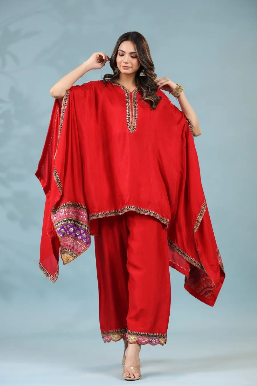 Red Zari Embroidered Asymmetrical Tunic & Pants