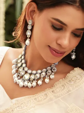 Rubans Elegant Pearl & Kudan Stone Wedding Necklace Set