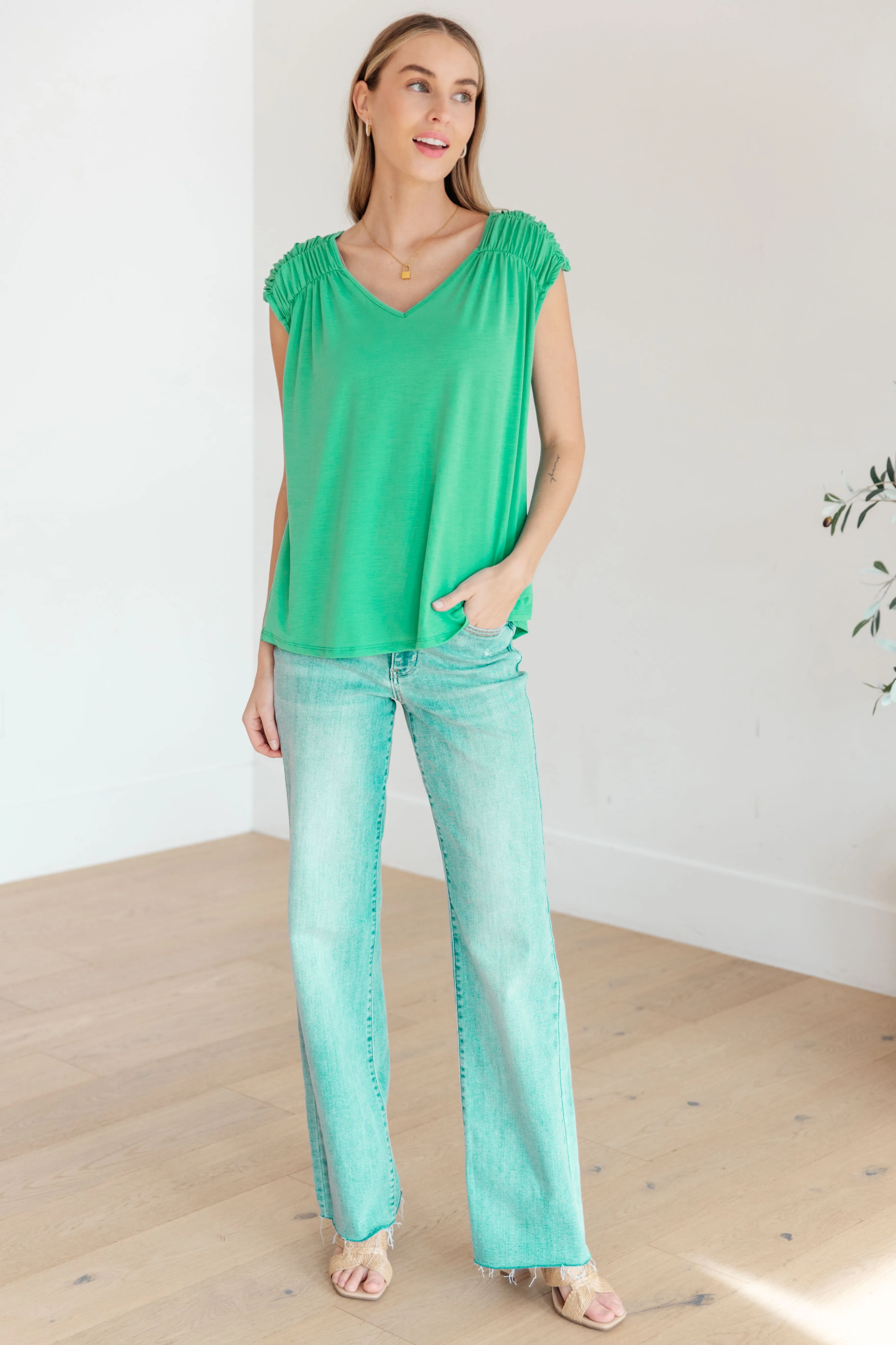 Ruched Cap Sleeve Top in Emerald - Dear Scarlett