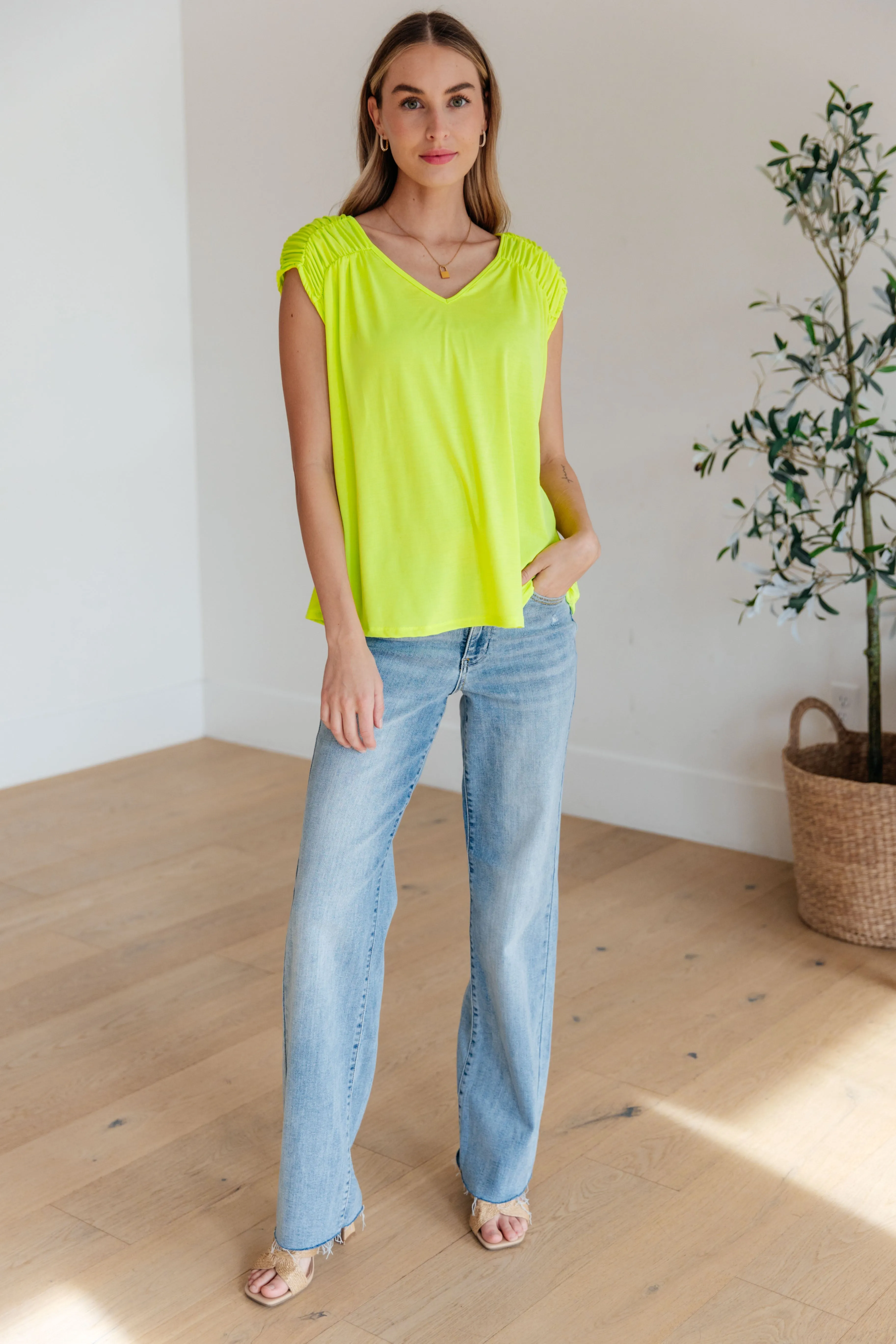 Ruched Cap Sleeve Top in Neon Green - Dear Scarlett