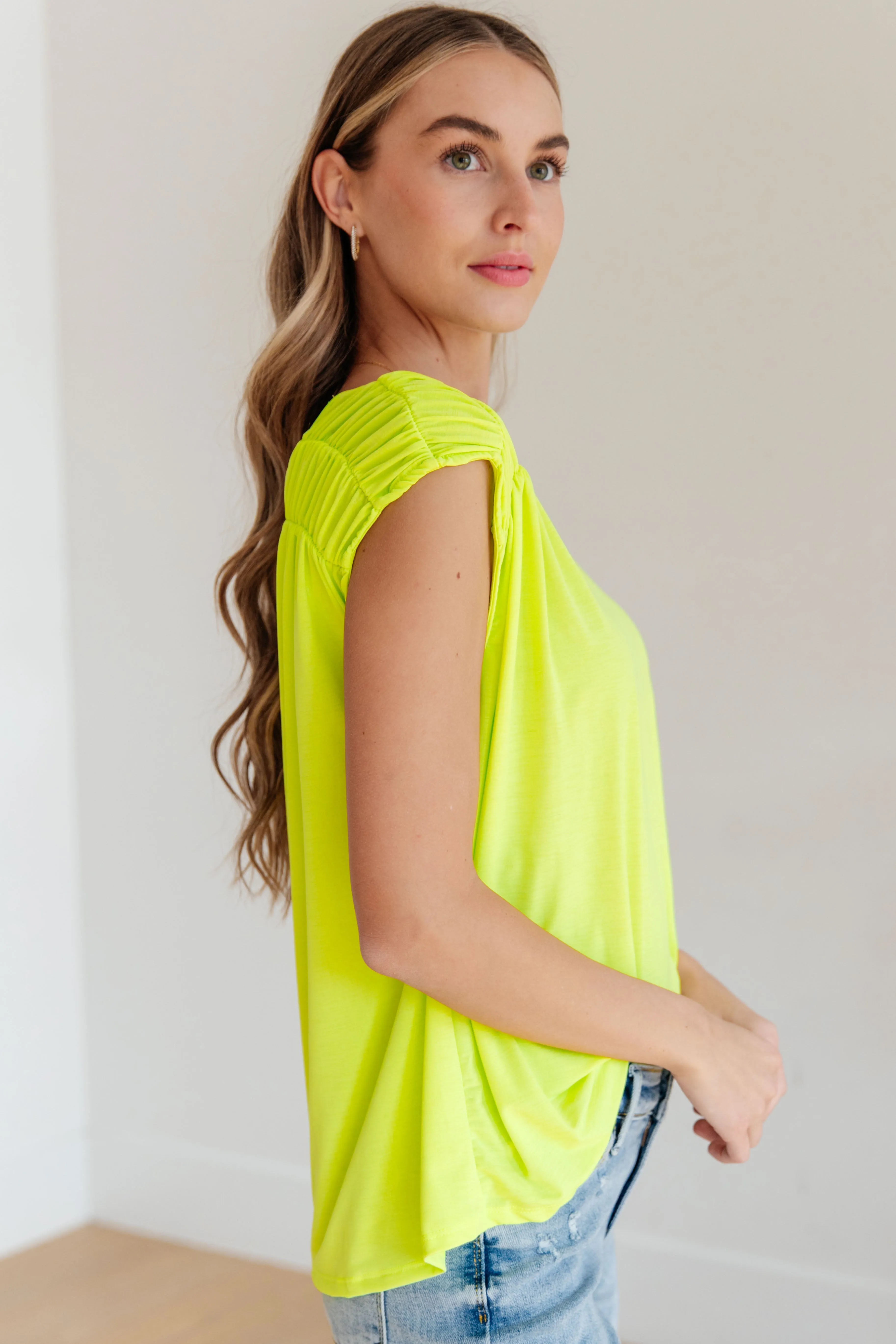 Ruched Cap Sleeve Top in Neon Green - Dear Scarlett