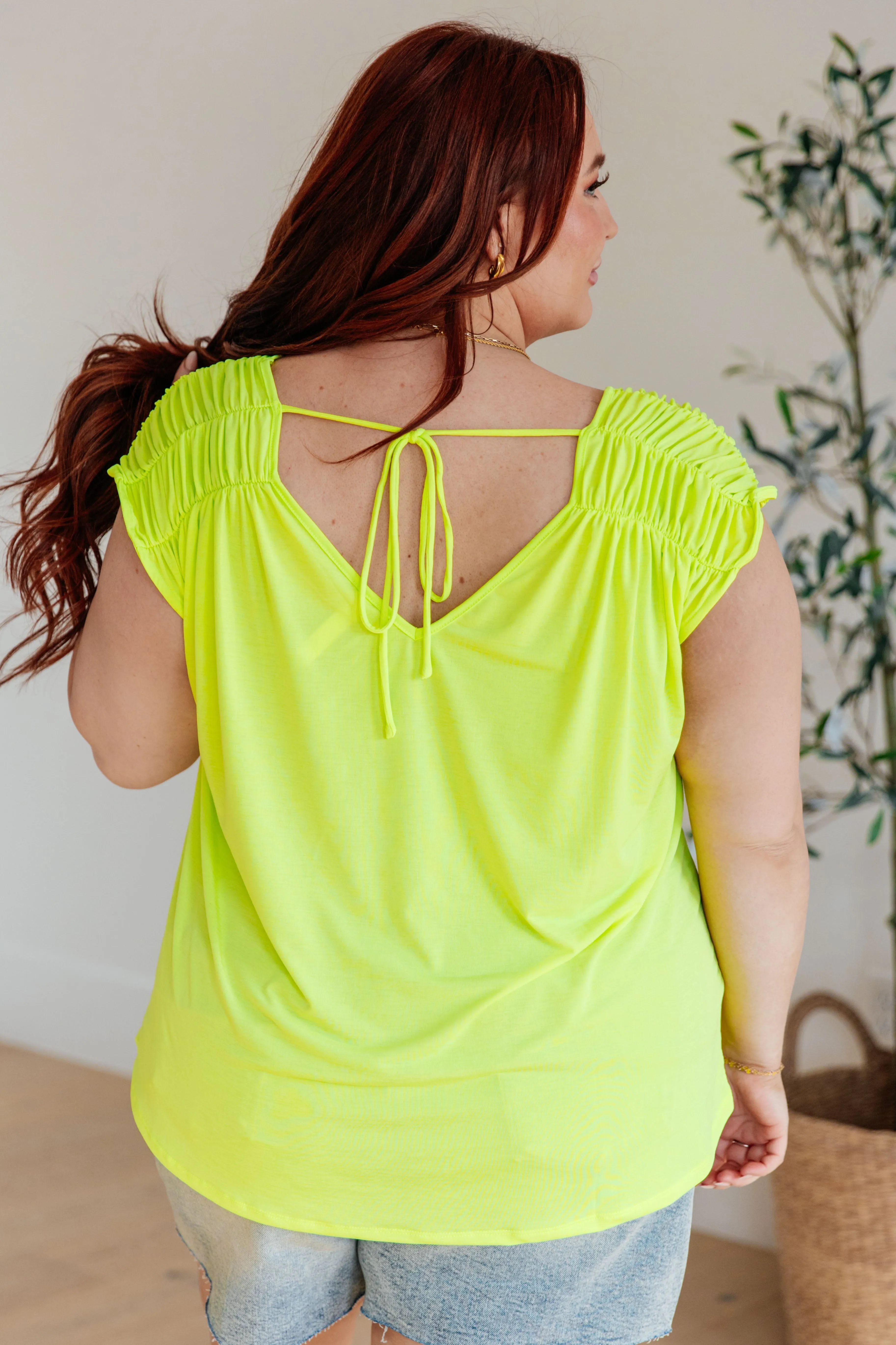 Ruched Cap Sleeve Top in Neon Green - Dear Scarlett