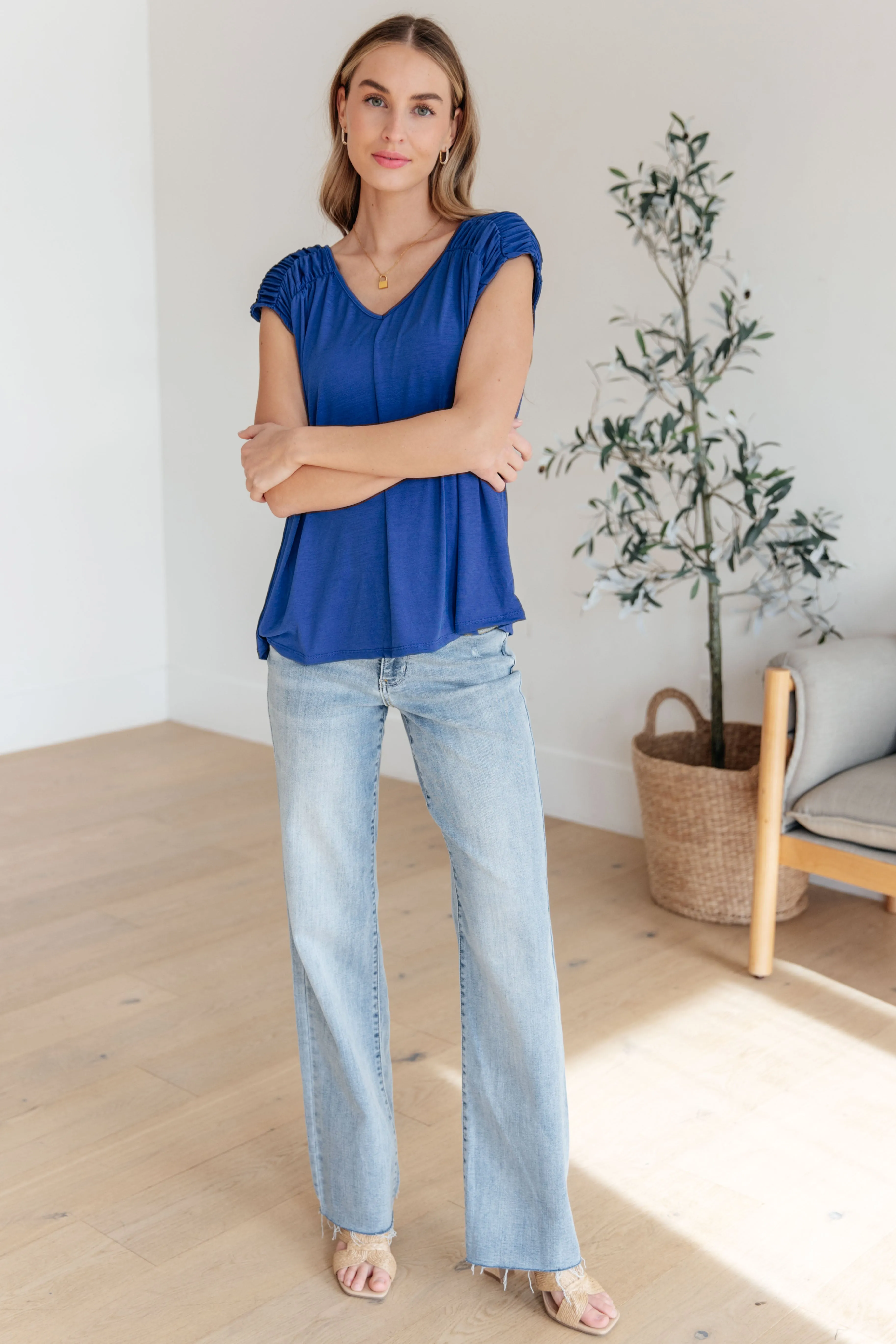 Ruched Cap Sleeve Top in Royal Blue - Dear Scarlett