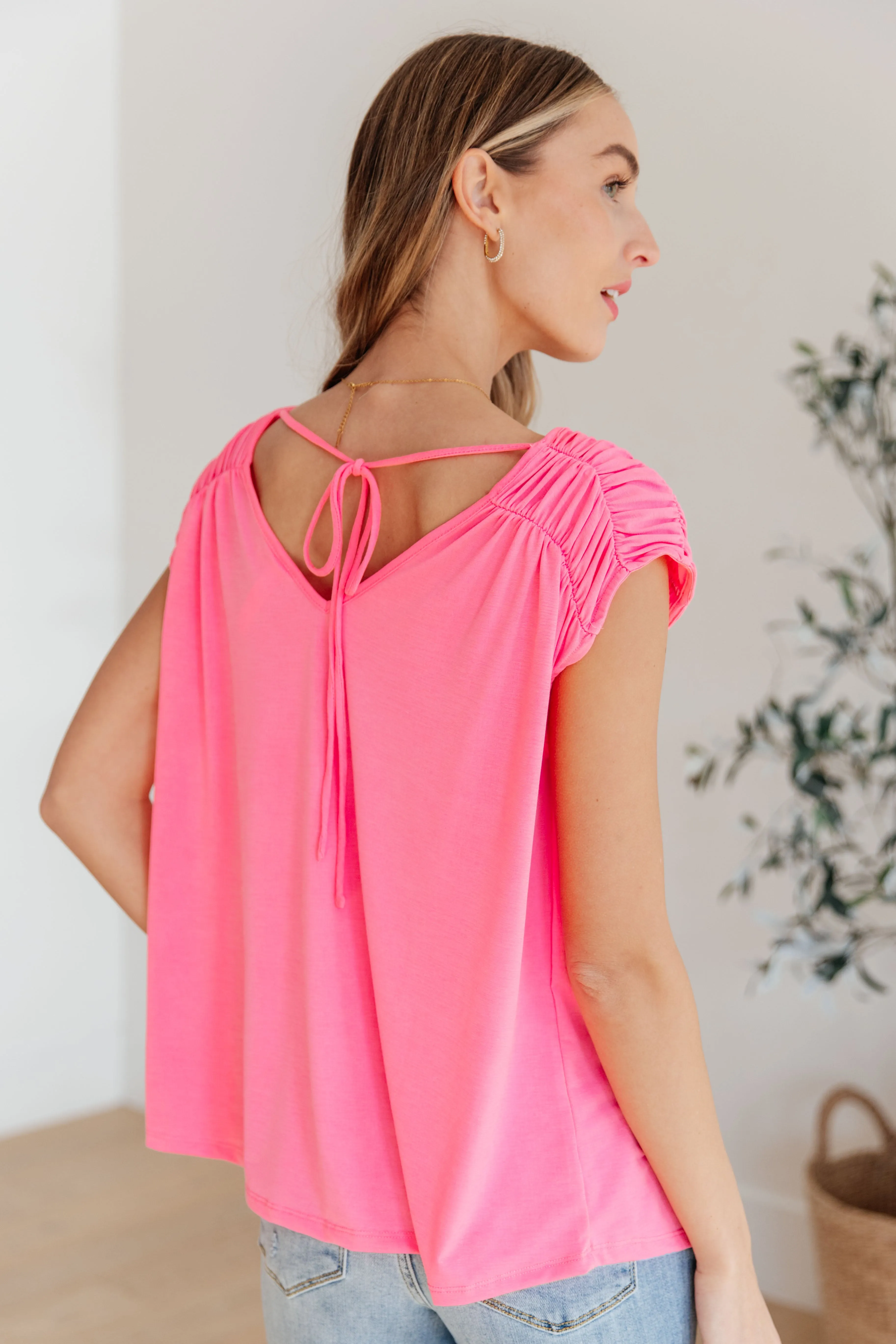 Ruched Cap Sleeve Top in Neon Pink - Dear Scarlett