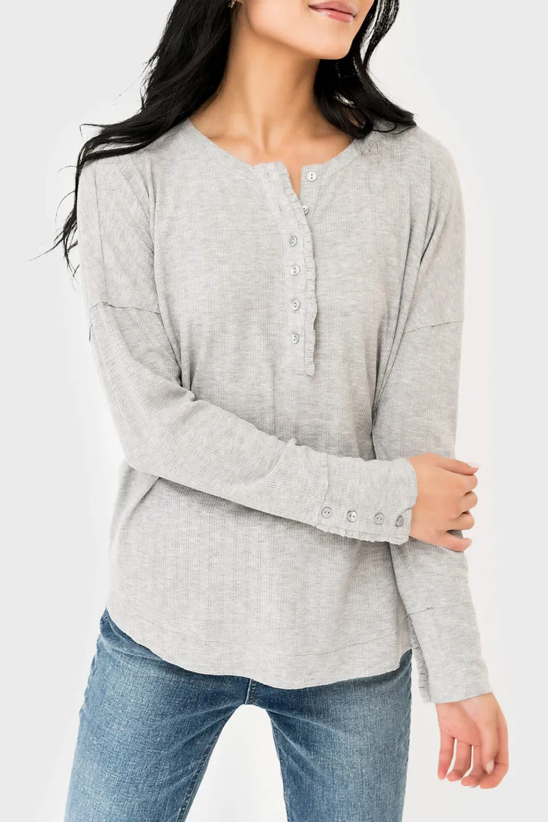 Ruffle Trim Pointelle Knit Henley Top