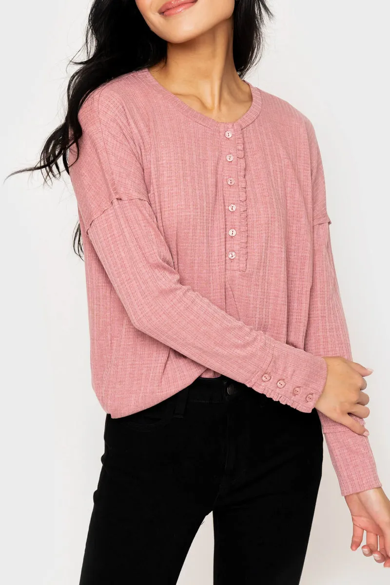 Ruffle Trim Pointelle Knit Henley Top