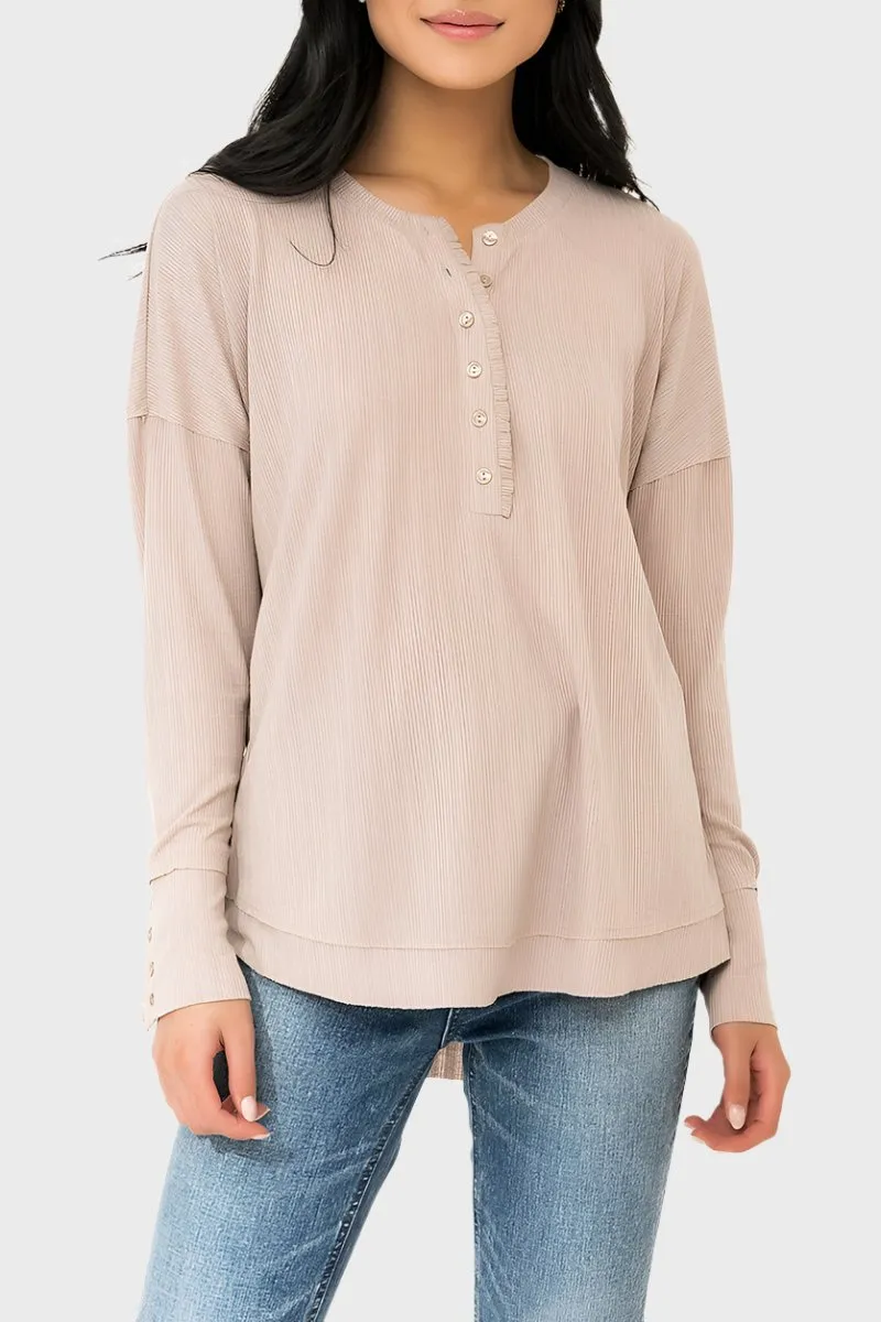 Ruffle Trim Pointelle Knit Henley Top