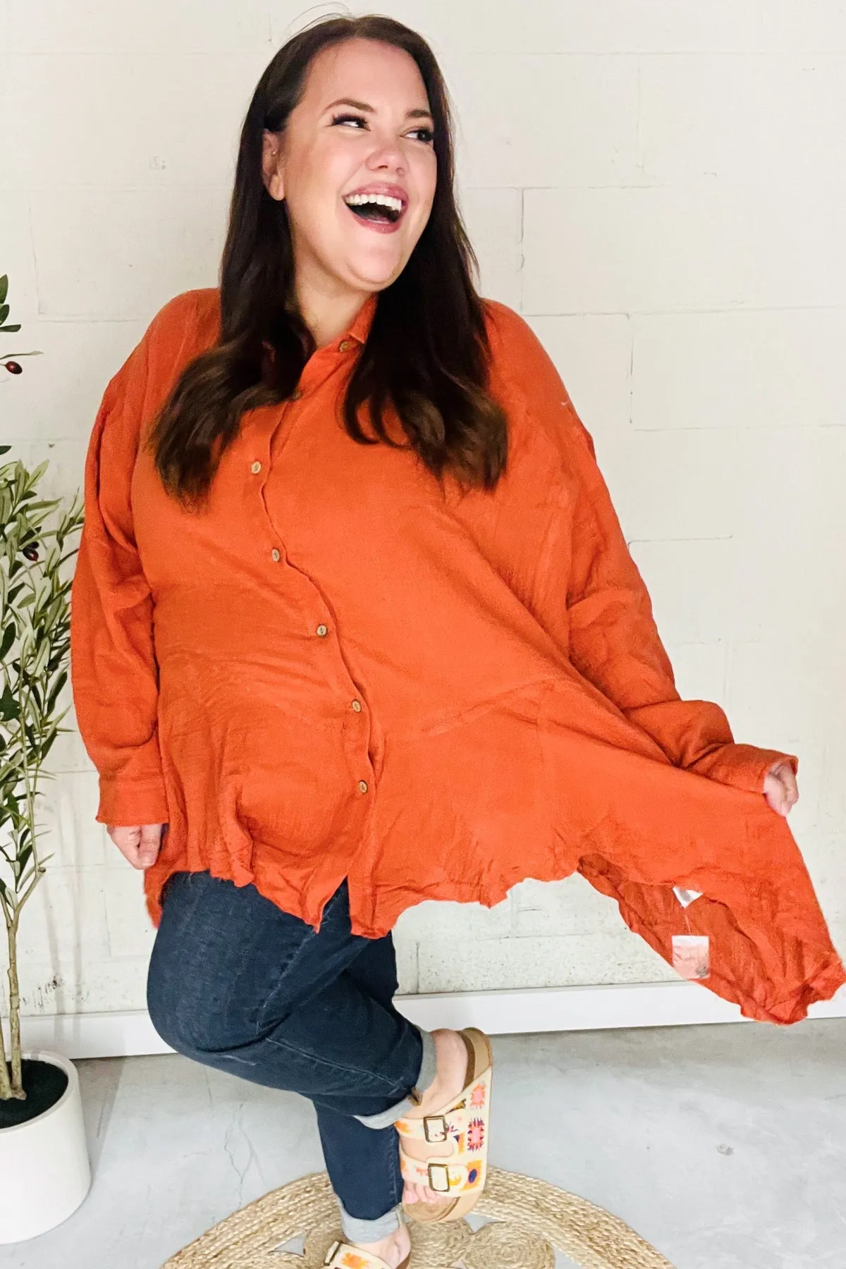 Rust Button Down Sharkbite Cotton Tunic Shirt